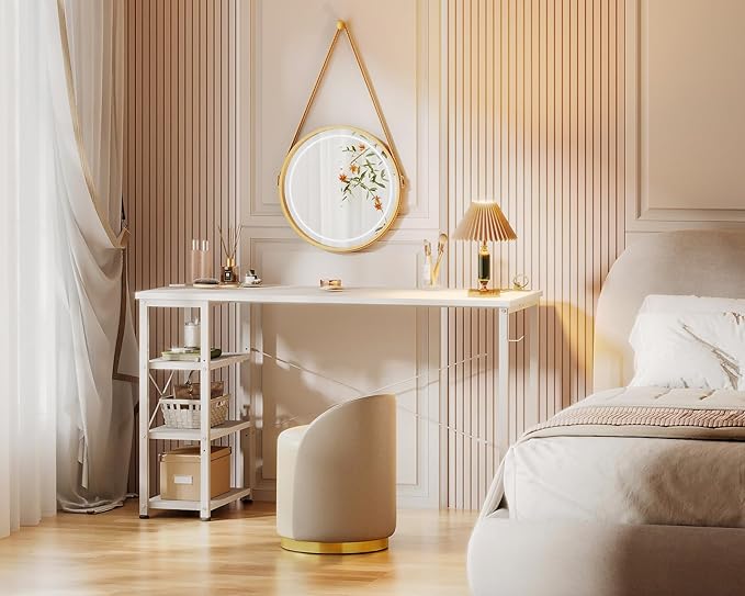 AODK Laptop Desk Office Desk, 48 Inch Computer Desk with Power Outlet and USB & Type-C Charging Port, Writing Desk with 3-Tier Reversible Storage Shelf for Home Office, 48'' x 16'', White - LeafyLoom