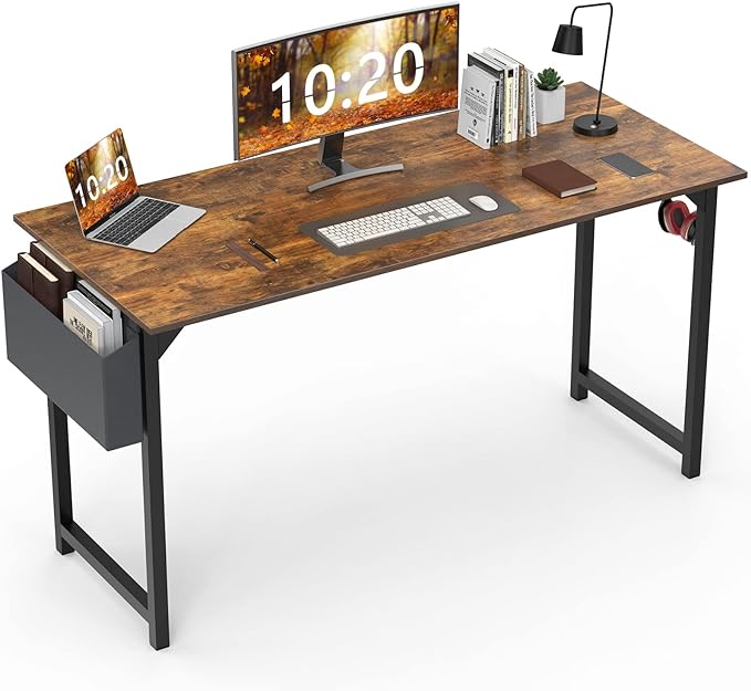 Computer Desk Home Office Desk 55 Inch Writing Desks Small Space Desk Study Table Modern Simple Style Work Table with Storage Bag Headphone Hook Wooden Tabletop Metal Frame for Home, Bedroom - LeafyLoom