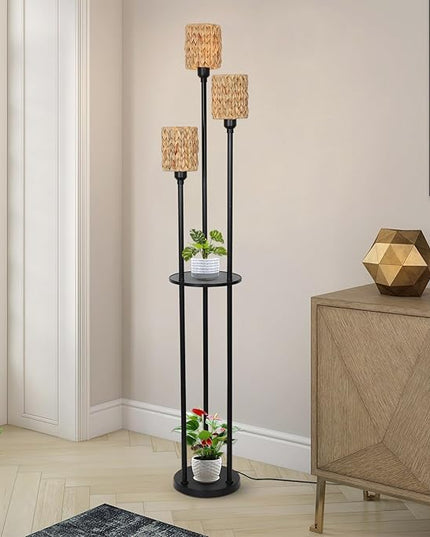 Boho Floor Lamp, 3-Lights Rattan Floor Lamp with Shelves, Farmhouse Floor Lamp with ON/OFF Foot Switch, Rustic Standing Lamp with Rattan Shades, Tall Shelf Floor Lamps for Living Room Bedroom - LeafyLoom