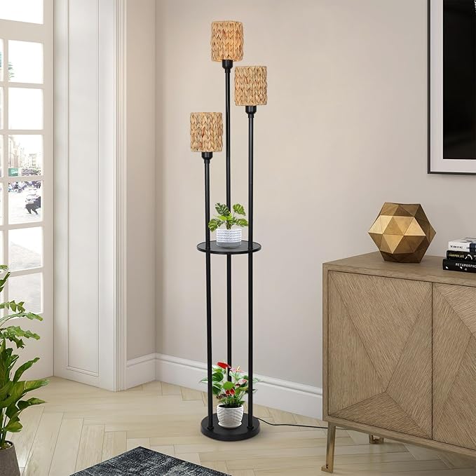 Boho Floor Lamp, 3-Lights Rattan Floor Lamp with Shelves, Farmhouse Floor Lamp with ON/OFF Foot Switch, Rustic Standing Lamp with Rattan Shades, Tall Shelf Floor Lamps for Living Room Bedroom - LeafyLoom