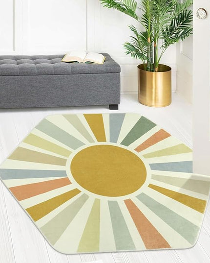 Boho Washable Rug for Kids Room Playroom, 4'x 4'7" Colorful Sun Nursery Rug for Girls Boys, Ultra Soft Non-Slip Sunshine Carpet Small Play Rug for Classroom Reading Corner Dorm - LeafyLoom