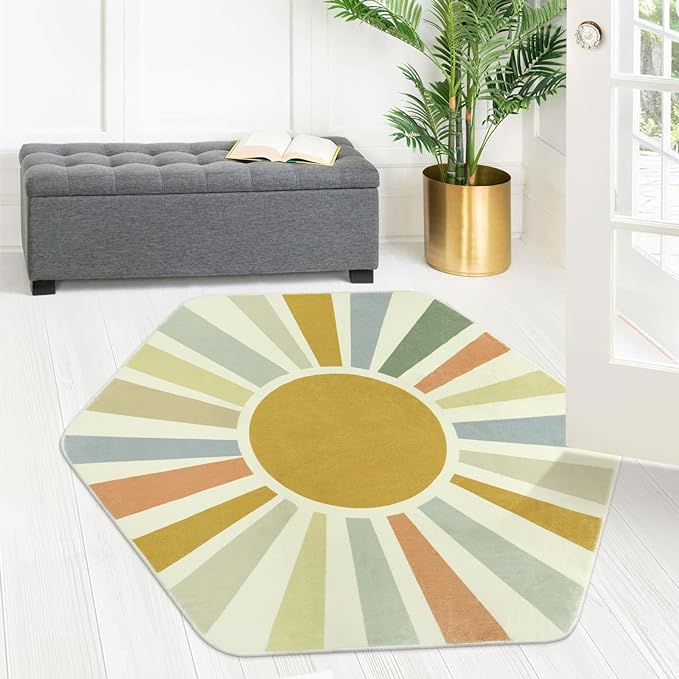 Boho Washable Rug for Kids Room Playroom, 4'x 4'7" Colorful Sun Nursery Rug for Girls Boys, Ultra Soft Non-Slip Sunshine Carpet Small Play Rug for Classroom Reading Corner Dorm - LeafyLoom