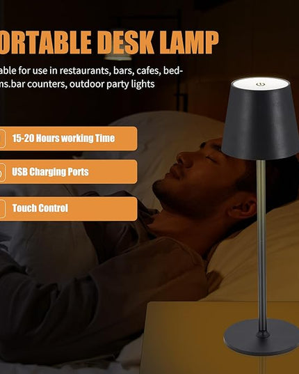 Cordless Table Lamps USB Rechargeable Lamp Simplicity Desk Lamp Built-in 4600 mAh Battery LED Battery Operated lamp with Touch Control Table lamp - Bedroom/Desk/Reading/Patio(2Pcs-Black) - LeafyLoom