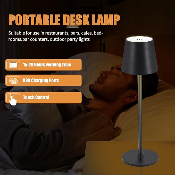 Cordless Table Lamps USB Rechargeable Lamp Simplicity Desk Lamp Built-in 4600 mAh Battery LED Battery Operated lamp with Touch Control Table lamp - Bedroom/Desk/Reading/Patio(2Pcs-Black) - LeafyLoom