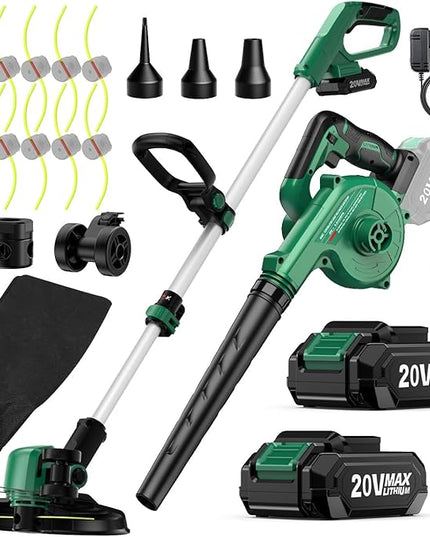 KIMO 4-in-1 Cordless Leaf Blower/Vacuum & String Trimmer/Weed Edger Combo Kit w/2x2.0 Battery & 10Pcs Spool Line, Variable Speed Trigger for Blowing/Vaccuming/Dusting/Clearing/Lawn Edging/Gardening - LeafyLoom
