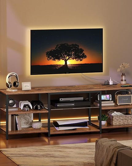 HOOBRO LED TV Stand for 75 Inch TVs with Charging Station, Gaming Entertainment Center with Open Storage, Media TV Console Table, TV Stand for Living Room, Bedroom, Rustic Brown and Black BF21UDDS01 - LeafyLoom