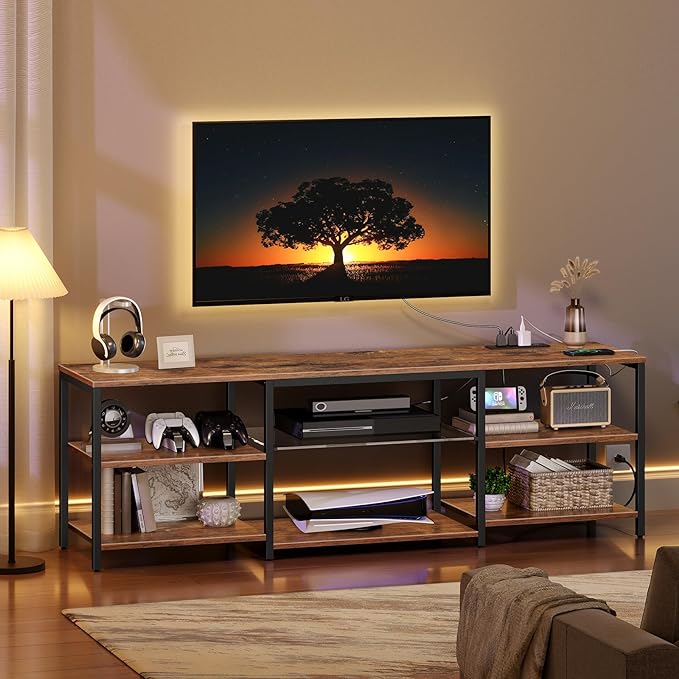 HOOBRO LED TV Stand for 75 Inch TVs with Charging Station, Gaming Entertainment Center with Open Storage, Media TV Console Table, TV Stand for Living Room, Bedroom, Rustic Brown and Black BF21UDDS01 - LeafyLoom