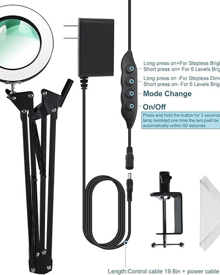 Magnifying Glass with Light and Stand 12V/1A Adapter 5X LED Magnifying Lamp 3 Color Modes Stepless Dimmable 2-in-1 Desk Magnifier with Light, for Hobby Reading Crafts Repair Reading Close Work - LeafyLoom