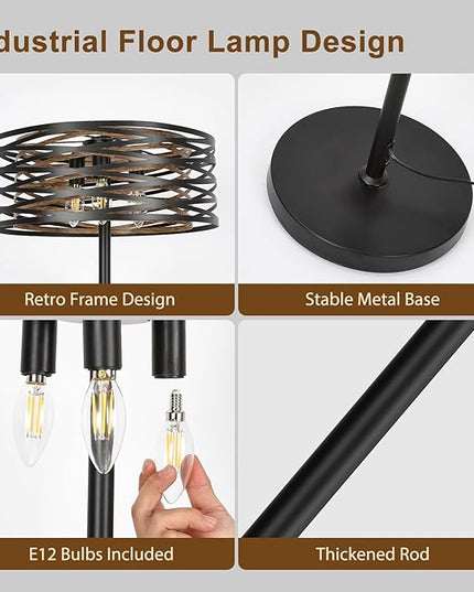 Industrial Floor Lamp for Living Room, Farmhouse Floor Lamps for Living Room Bright Lighting, Vintage Rustic Floor Lamp with Double Shades, Tall Standing Lamp for Bedroom, Office(Black) - LeafyLoom