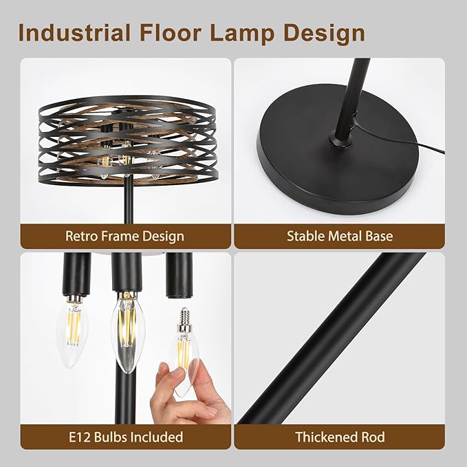 Industrial Floor Lamp for Living Room, Farmhouse Floor Lamps for Living Room Bright Lighting, Vintage Rustic Floor Lamp with Double Shades, Tall Standing Lamp for Bedroom, Office(Black) - LeafyLoom