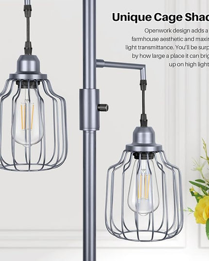 Floor Lamp with 3 LED Edsion Bulbs, Farmhouse Tall Standing Lamp for Living Room, Dimmable Industrial Rustic Grey Tree Bright Vintage Pole Light with Cage Shades for Bedroom Home Decor - LeafyLoom