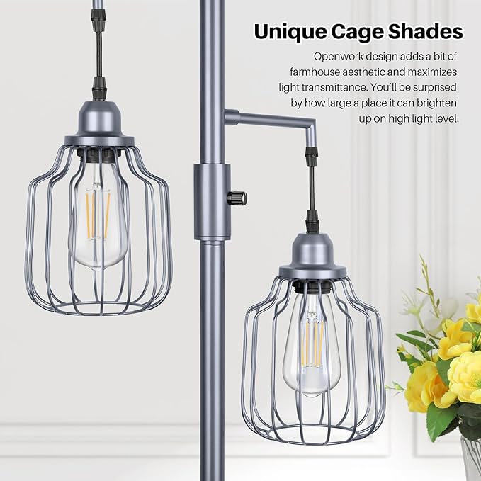 Floor Lamp with 3 LED Edsion Bulbs, Farmhouse Tall Standing Lamp for Living Room, Dimmable Industrial Rustic Grey Tree Bright Vintage Pole Light with Cage Shades for Bedroom Home Decor - LeafyLoom