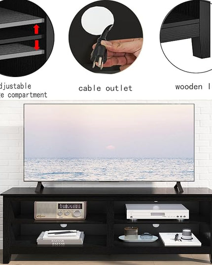 TV Stand for 65 inch TV with Storage,Modern TV Entertainment Center for Bedroom,TV Media Console Table with 4 Open Storage Shelve,55 inch Wood TV Cabinet Black - LeafyLoom