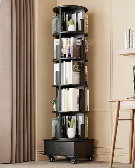 Solid Wood Rotating Book Shelf, 360° Display Bookcase with Drawer, 5-Tier Mobile Bookshelf with Wheels, 79" Tall Bookcase for Narrow Space, Spinning Bookshelf Tower for Home Office, Study Room, Black - LeafyLoom