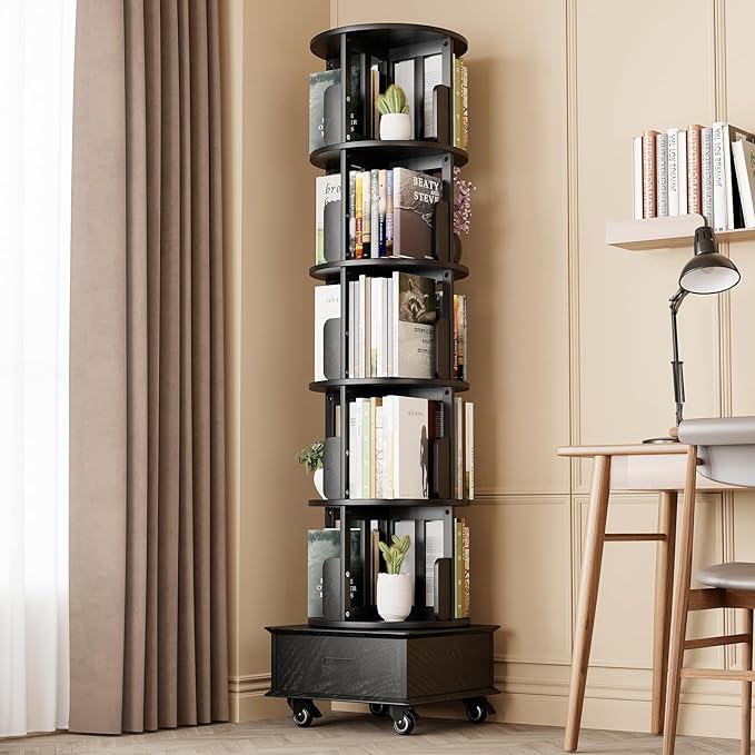 Solid Wood Rotating Book Shelf, 360° Display Bookcase with Drawer, 5-Tier Mobile Bookshelf with Wheels, 79" Tall Bookcase for Narrow Space, Spinning Bookshelf Tower for Home Office, Study Room, Black - LeafyLoom