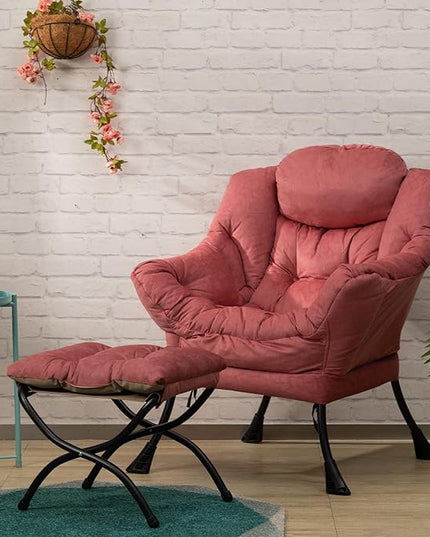 HollyHOME Fabric Lazy Chair with Foldable Ottoman, Accent Comfy Lounge Arm Chair and Folding Footrest Stool Set, Leisure Sofa Reading Chair and Footstool for Living Room, Bedroom, Dorm, Brick Red - LeafyLoom
