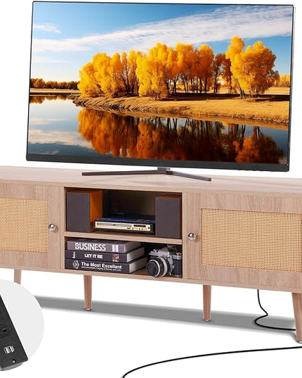 VEVOR Rattan TV Stand, Mid Century Modern TV Stand for 65 inch TV, Boho Rattan TV Cabinet with Build-in Socket and USB Ports, Adjustable Shelfs for Living Room, Media Room, Oak - LeafyLoom