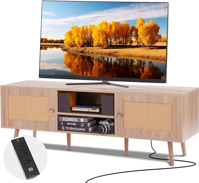 VEVOR Rattan TV Stand, Mid Century Modern TV Stand for 65 inch TV, Boho Rattan TV Cabinet with Build-in Socket and USB Ports, Adjustable Shelfs for Living Room, Media Room, Oak - LeafyLoom