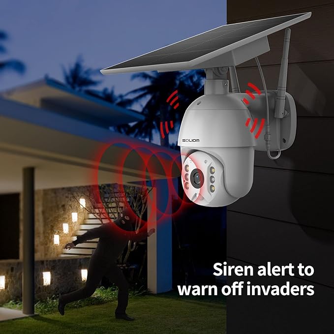 SOLIOM S600 Outdoor WiFi Security Camera - 360° Pan Tilt, Solar Powered with Battery, Motion Detection, Color Night Vision, 2-Way Talk, Remote Access SOLIOM