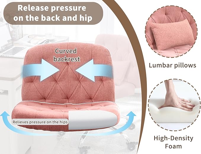 Criss Cross Chair with Wheels, Comfy Fabric Cross Legged Office Chair for Adult, Armless Wide Seat Desk Chair with Lumbar Pillow,Swivel Vanity Chair for Home Office, Conference (Pink) - LeafyLoom
