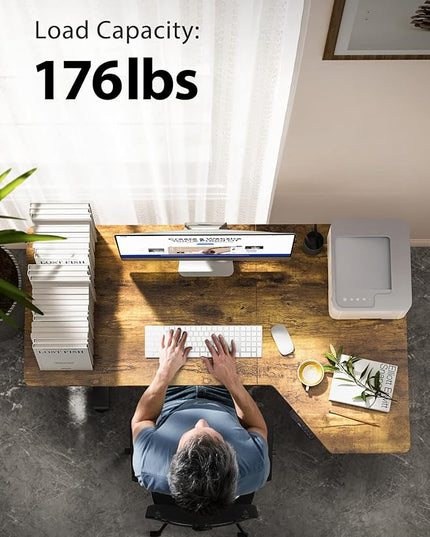 Electric Standing Desk, Height Adjustable Sit Stand up Desk, L-Shaped Memory Home Office Desk With Hook, 55 x 34 inch, Rustic - LeafyLoom