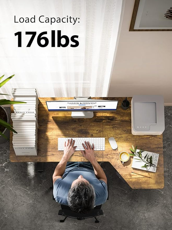 Electric Standing Desk, Height Adjustable Sit Stand up Desk, L-Shaped Memory Home Office Desk With Hook, 55 x 34 inch, Rustic - LeafyLoom