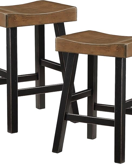 Lexicon Saddle Bar Stools Set of 2 Barstools with Footrest, Armless Dining Chairs for Kitchen Island, Breakfast Nook, Living Room, Counter Height, Black/Brown - LeafyLoom
