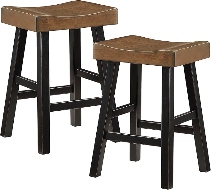 Lexicon Saddle Bar Stools Set of 2 Barstools with Footrest, Armless Dining Chairs for Kitchen Island, Breakfast Nook, Living Room, Counter Height, Black/Brown - LeafyLoom