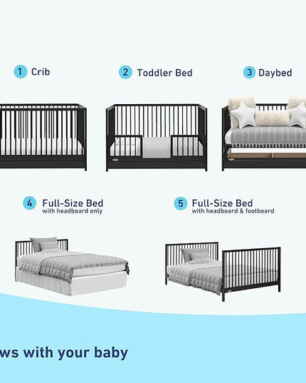 Graco Teddi 5-in-1 Convertible Crib with Drawer (Black) – GREENGUARD Gold Certified, Crib with Drawer Combo, Full-Size Nursery Storage Drawer, Converts to Toddler Bed, Daybed and Full-Size Bed - LeafyLoom