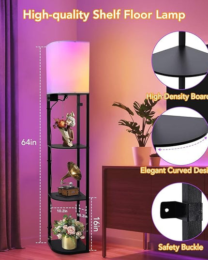 GAOMON Floor lamp with Shelves, Smart RGB Shelf Floor Lamp with 2 USB Ports & 1 Power Outlet, Display for Bedroom,Living Room, and Office - Classic Black - LeafyLoom