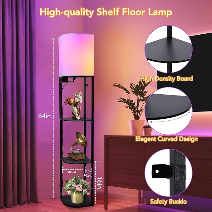 GAOMON Floor lamp with Shelves, Smart RGB Shelf Floor Lamp with 2 USB Ports & 1 Power Outlet, Display for Bedroom,Living Room, and Office - Classic Black - LeafyLoom