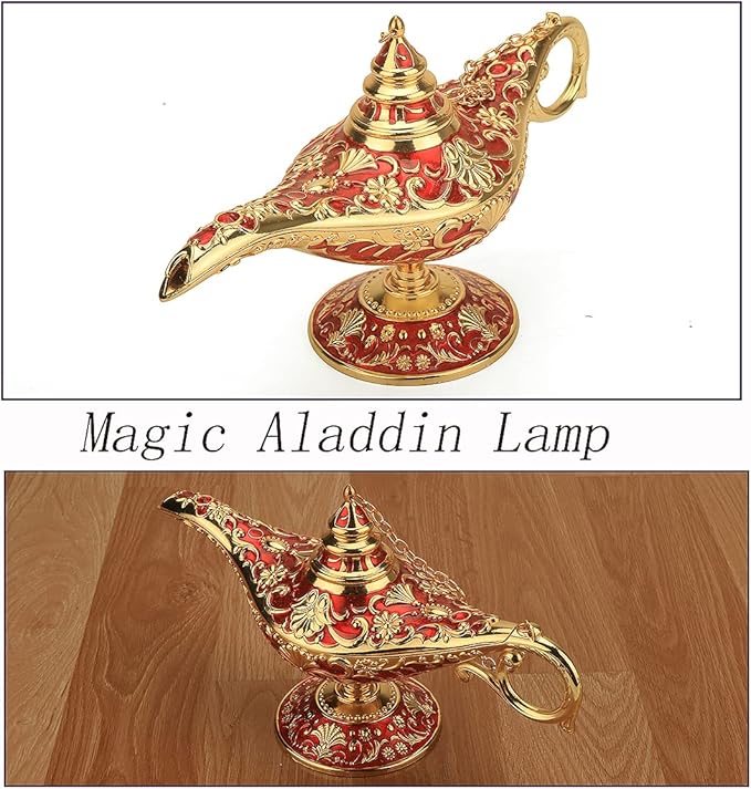 Legend Aladdin Lamp Magic Genie Wishing Light, Classic Arabian Nights Costume Props Lamp Table Decor for Home Wedding Party Halloween Birthday Beautiful Gift Toy for Women Girl (Red & Gold) - LeafyLoom