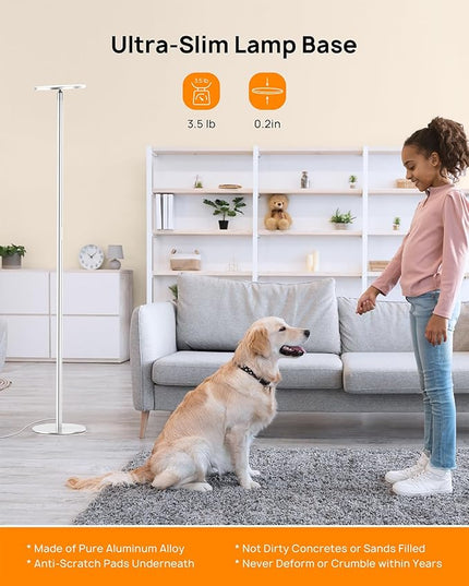 TROND Floor Lamp, 5000LM Super Bright Sky LED Modern Torchiere Standing Lamp, 3000K Warm White with 5-Level Dimmable, 71 in Tall Pole Light, 30-Minute Timer, Modular Rod, Wall Switch Compatible - LeafyLoom