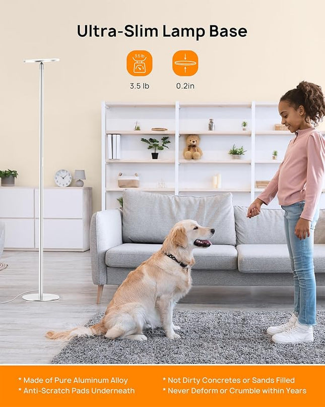 TROND Floor Lamp, 5000LM Super Bright Sky LED Modern Torchiere Standing Lamp, 3000K Warm White with 5-Level Dimmable, 71 in Tall Pole Light, 30-Minute Timer, Modular Rod, Wall Switch Compatible - LeafyLoom