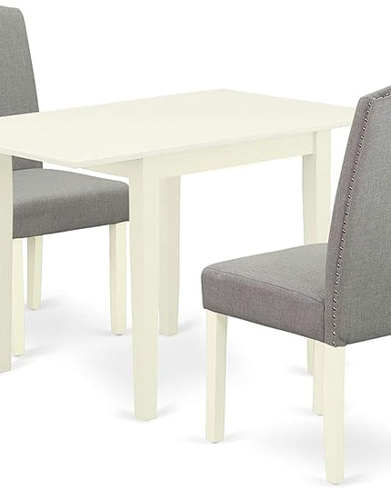 East West Furniture 1NDEN3-LWH-06 3 Piece Dining Set Contains a Rectangle Dinner Table with Dropleaf and 2 Dark Shitake Linen Fabric Upholstered Chairs, 30x48 Inch - LeafyLoom