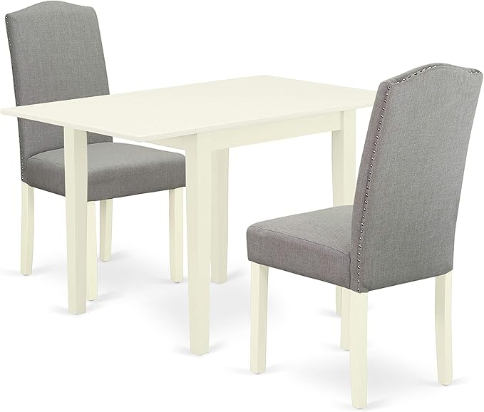 East West Furniture 1NDEN3-LWH-06 3 Piece Dining Set Contains a Rectangle Dinner Table with Dropleaf and 2 Dark Shitake Linen Fabric Upholstered Chairs, 30x48 Inch - LeafyLoom