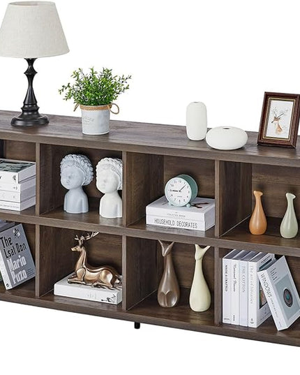 FATORRI 8 Cube Storage Organizer Bookshelf, Rustic Wood Cubby Bookcase, Industrial Horizontal Long Shelf for Living Room (Walnut Brown, 62 Inch) - LeafyLoom
