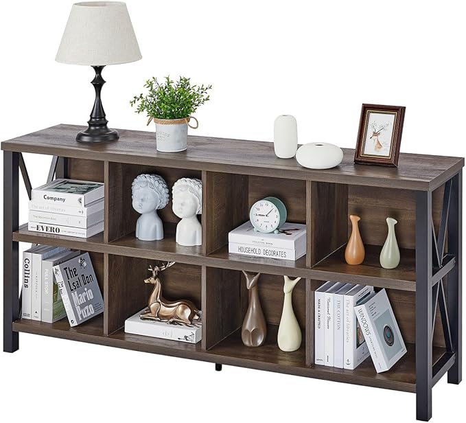 FATORRI 8 Cube Storage Organizer Bookshelf, Rustic Wood Cubby Bookcase, Industrial Horizontal Long Shelf for Living Room (Walnut Brown, 62 Inch) - LeafyLoom
