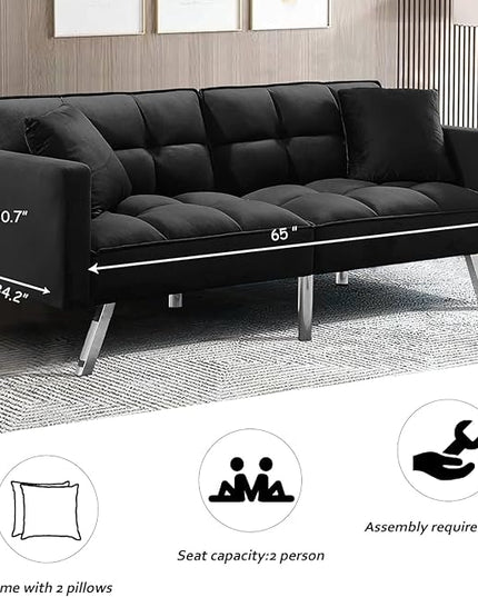 Futon Sofa Bed Living Room Furniture Sets 74" Modern Convertible Folding Lounge Couch Loveseat Daybed Upholstered Sofá with 2 Pillows for Bedroom Apartment,Home Office,Black - LeafyLoom