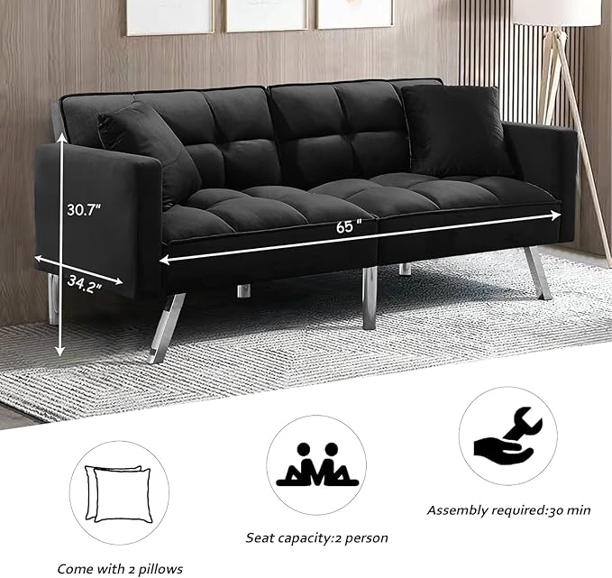 Futon Sofa Bed Living Room Furniture Sets 74" Modern Convertible Folding Lounge Couch Loveseat Daybed Upholstered Sofá with 2 Pillows for Bedroom Apartment,Home Office,Black - LeafyLoom