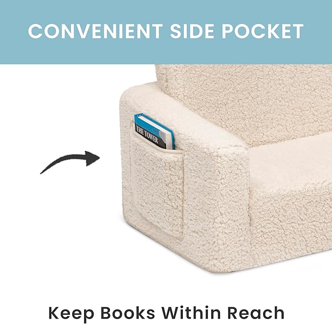 Delta Children Cozee Flip-Out Sherpa 2-in-1 Convertible Chair to Lounger for Kids, Cream - LeafyLoom