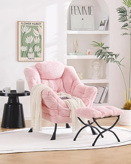 Welnow Lazy Chair with Ottoman, Modern Lounge Accent Chair with Armrests and a Side Pocket, Leisure Upholstered Sofa Chair Set, Reading Chair with Footrest for Small Space, Corner Chair - LeafyLoom