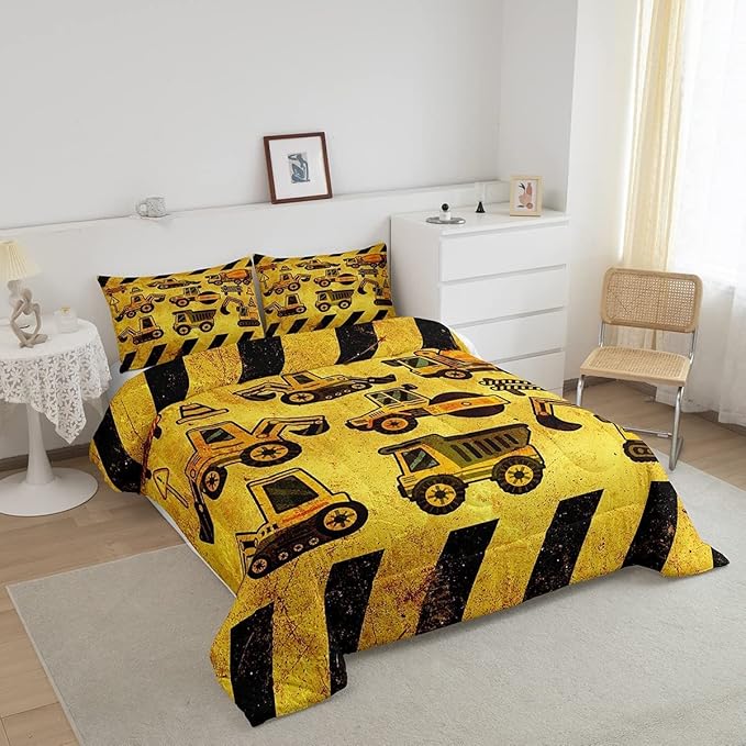 Tractor Bedding Set King Size, Equipment Truck Comforter Set, Construction Excavator Down Comforter, Yellow Vehicle Super Soft Quilt Set for Kids Boys Teens, Construction Site Car Comforter Decor - LeafyLoom