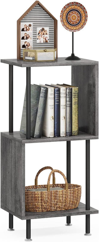3 Tier Modern Bookshelf, S-Shaped Bookcase,Small Book Shelf for Small Spaces, Unique Bookshelf for Storage Organizer Living Room Bedroom Home Office, Grey - LeafyLoom