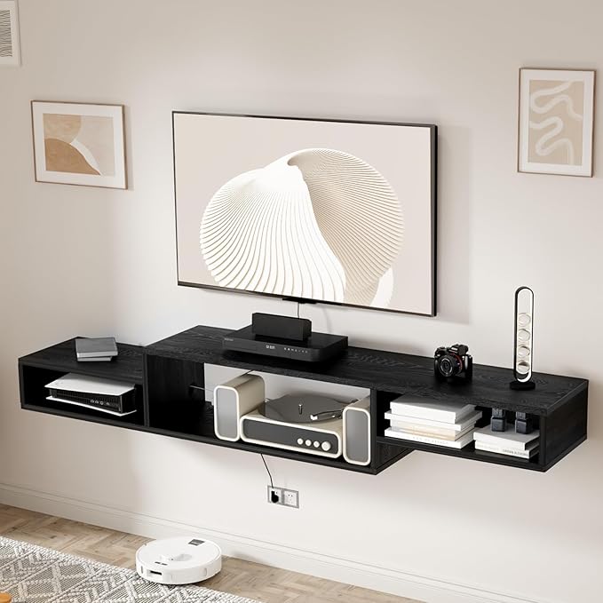 Floating TV Stand Wall Mounted with Power Outlet 59", Floating Entertainment Center, Wood Media Console Shelf for Under TV Storage for Living Room Bedroom Office, Black - LeafyLoom