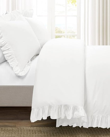 Lush Decor Reyna Ruffle 100% Cotton Duvet Cover Set - 3 Piece Cozy Ruffled Bedding Set - Timeless Elegance and Comfort - Full/ Queen, Pure White - LeafyLoom