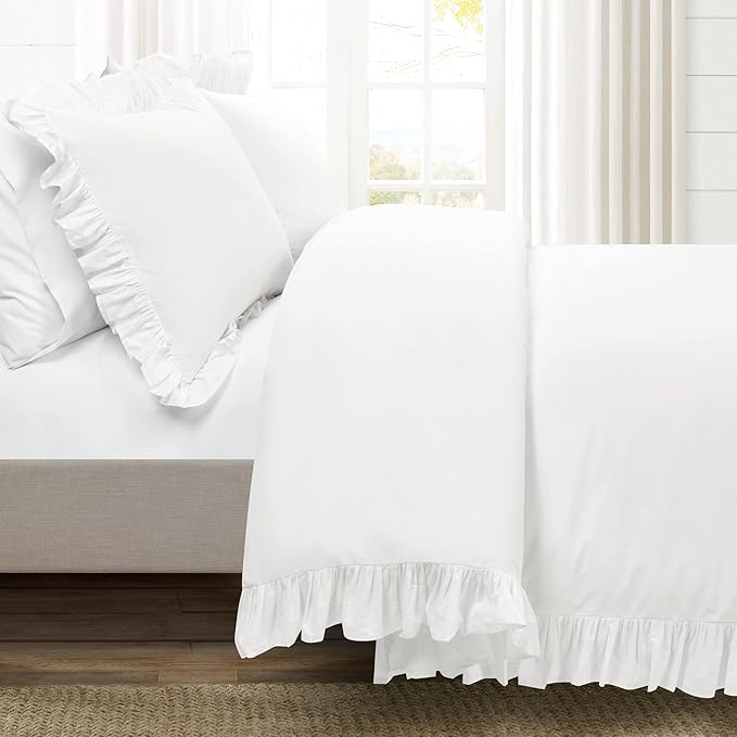 Lush Decor Reyna Ruffle 100% Cotton Duvet Cover Set - 3 Piece Cozy Ruffled Bedding Set - Timeless Elegance and Comfort - King, Pure White - LeafyLoom