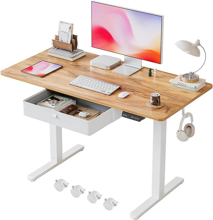 BANTI Electric Standing Desk with Drawer, Adjustable Height Sit Stand Up Desk, Home Office Desk Computer Workstation, 48x24 Inches, Ligh Vintage Brown - LeafyLoom