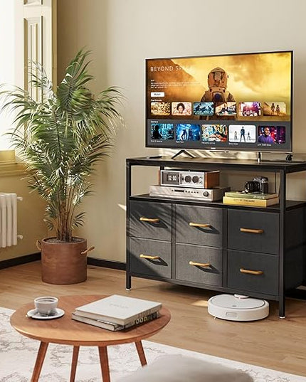 AODK TV Stand with Power Outlet, 40" Long TV Stand with 6 Large Fabric Drawers, Entertainment Center with Open Shelves for 55 Inch TV, Living Room, Black and Dark Grey - LeafyLoom