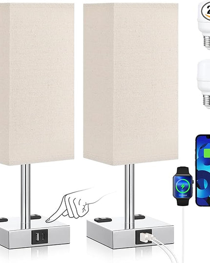 aooshine Beige Set of 2 Touch Lamp with USB Port-Nightstand Lamp with USB-C+A Charge Ports& AC Outlets, 3-Way Dimmable Bedside Lamp with Shade,Small Table Lamp for Bedroom Living Room(Bulb Included) - LeafyLoom